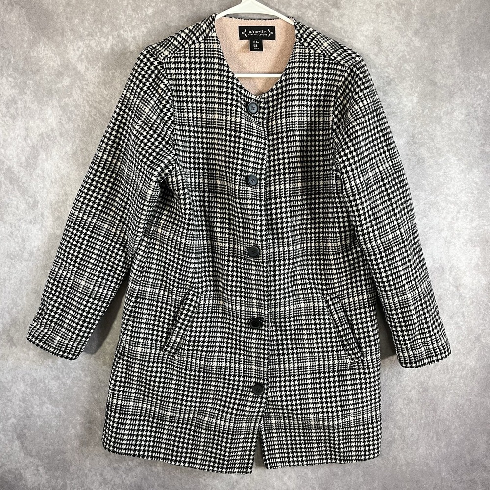 Nanette Lepore Houndstooth Coat Womens Medium Black White Wool Blend Collarless